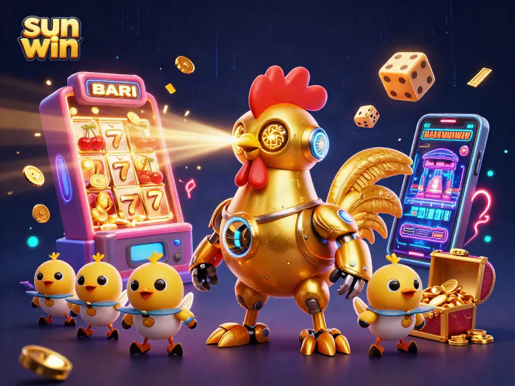 Experience thrilling gameplay with sun win's vibrant casino world featuring a golden rooster robot and golden symbols.