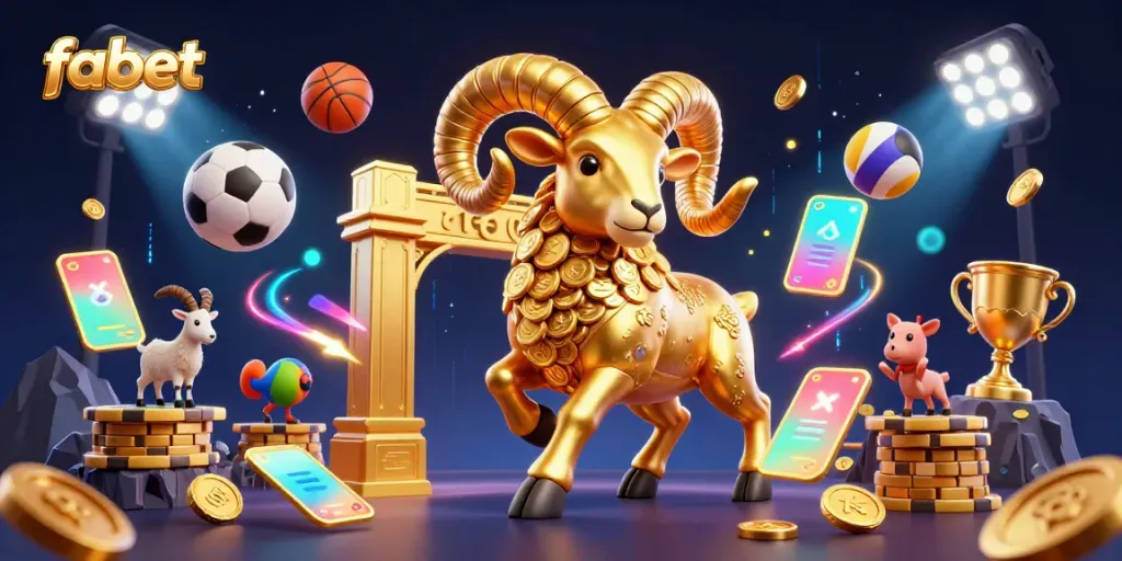 Engage in thrilling betting action with a golden ram charging through a dynamic sports scene featuring fabet elements.