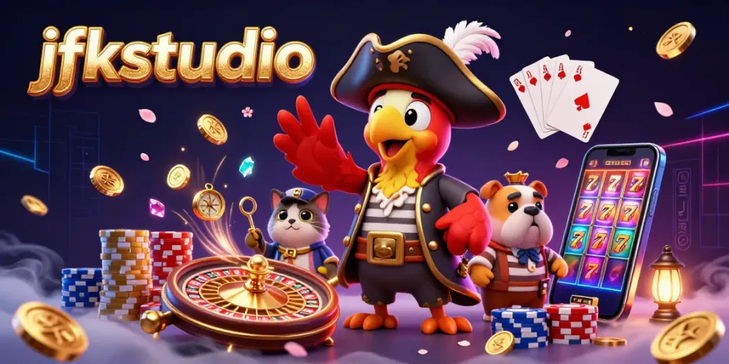 Engage with jfkstudio's vibrant casino scene featuring a parrot captain, bulldog first-mate, and a cat navigator surrounded by dynamic gaming elements.