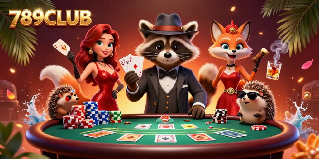 Experience the winning hands at 789CLUB with characters enjoying a vibrant poker scene.