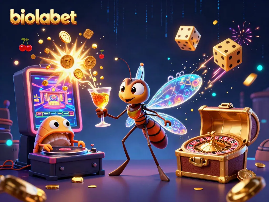 Win big with biolabet featuring a cartoon mosquito, trilobite DJ, and unique casino elements.
