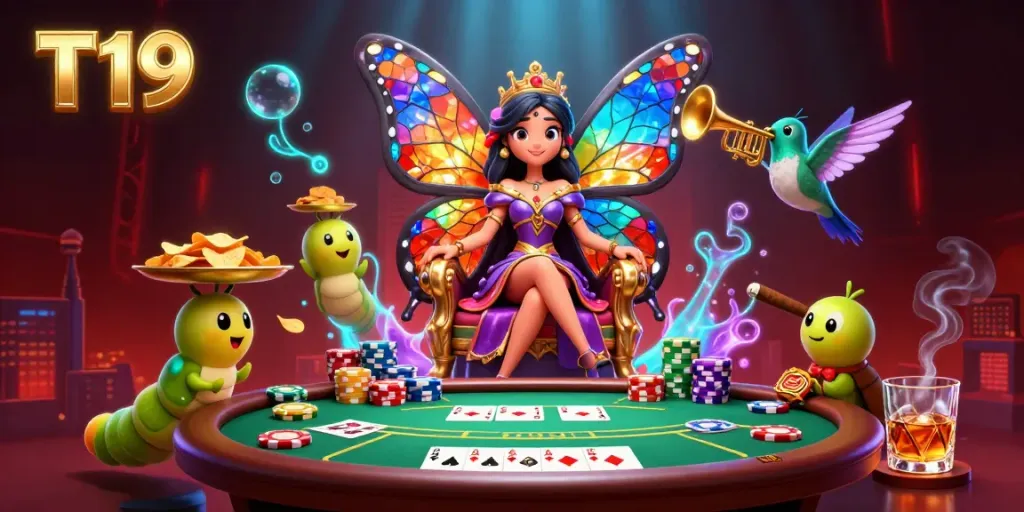 T19 game scene featuring a butterfly queen with poker elements and colorful chips for a vibrant casino feel.