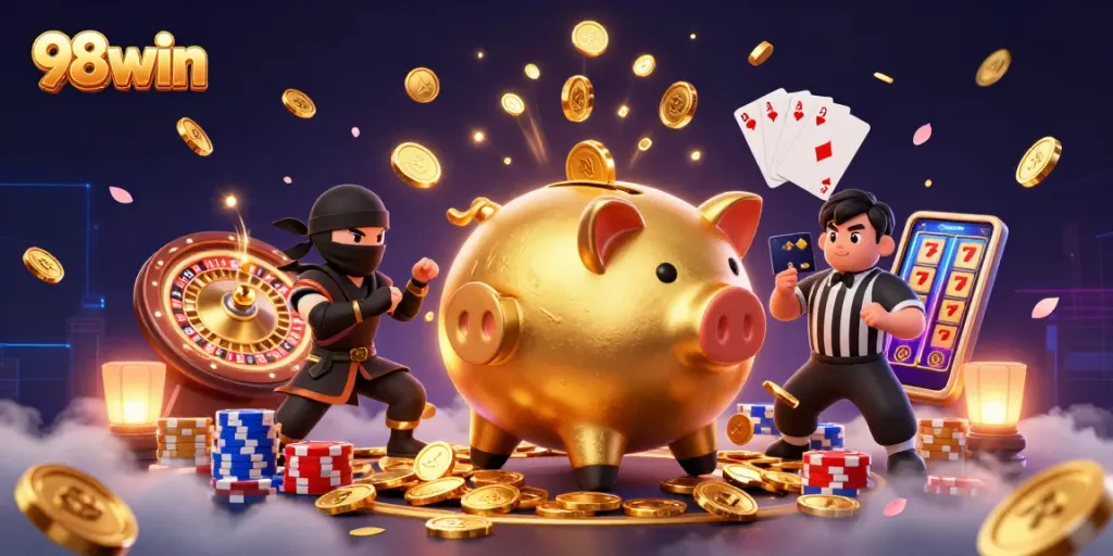 Experience thrilling gameplay with 98win's vibrant 3D casino scene featuring dynamic characters and casino elements.