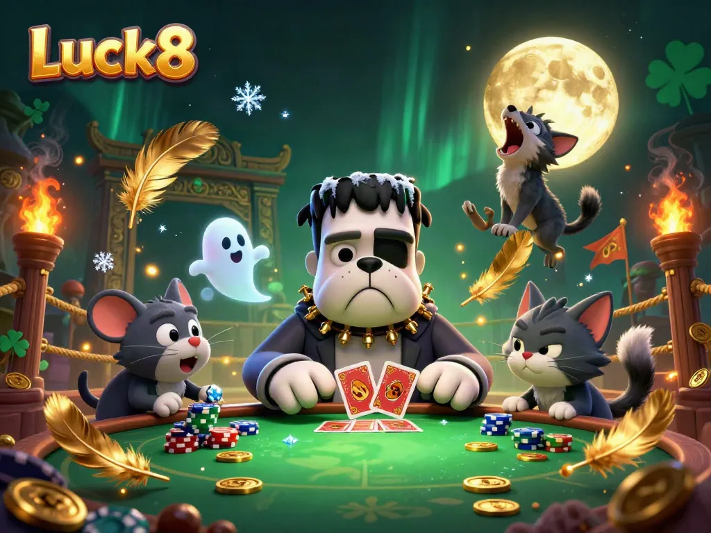 Luck8 engaging players in a vibrant and spooky casino adventure with a bulldog dealer and gold accents.