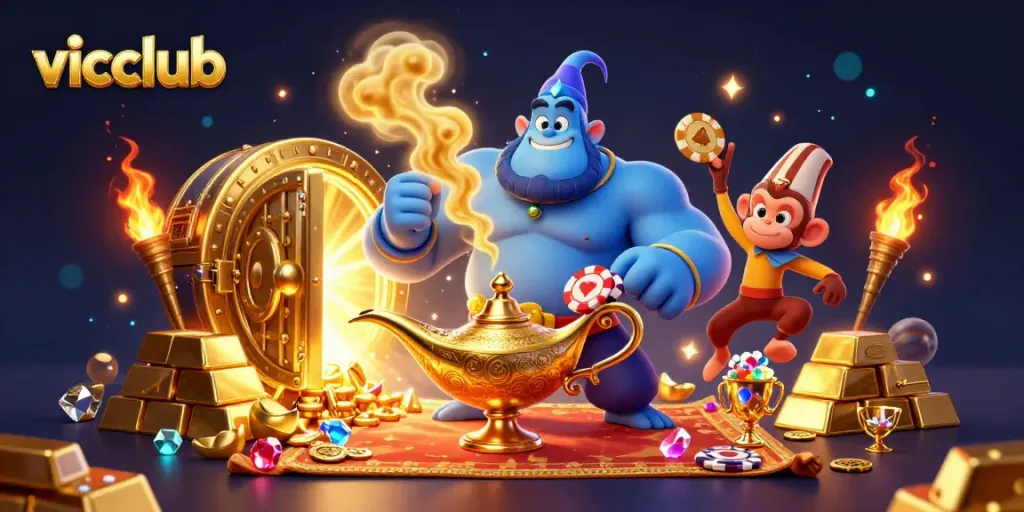 Win big with vicclub's magical casino adventure featuring a genie and treasure galore.