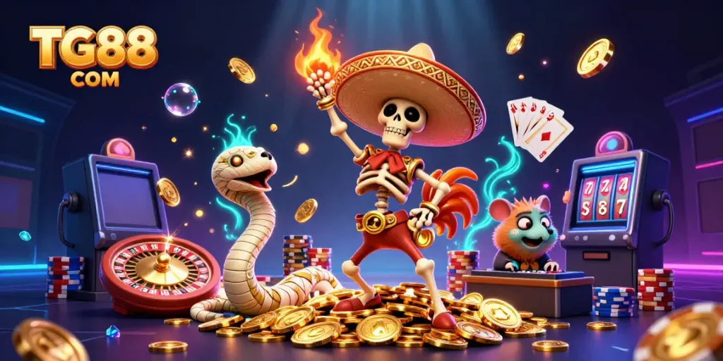 Engage with TG88 COM's gaming experience featuring characters celebrating wins amid vibrant casino graphics.