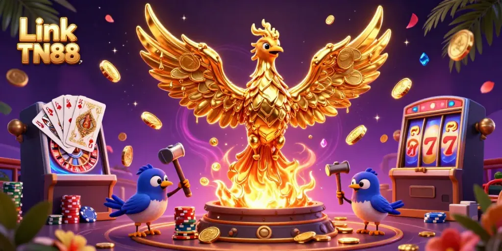 Experience the thrill of Link TN88 casino with molten golden phoenix, chips, and slots in dynamic 3D illustration.