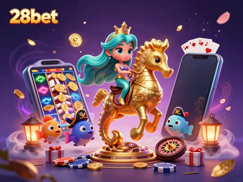 Experience the vibrant 28bet world with a colorful mermaid riding a seahorse amidst gaming elements.