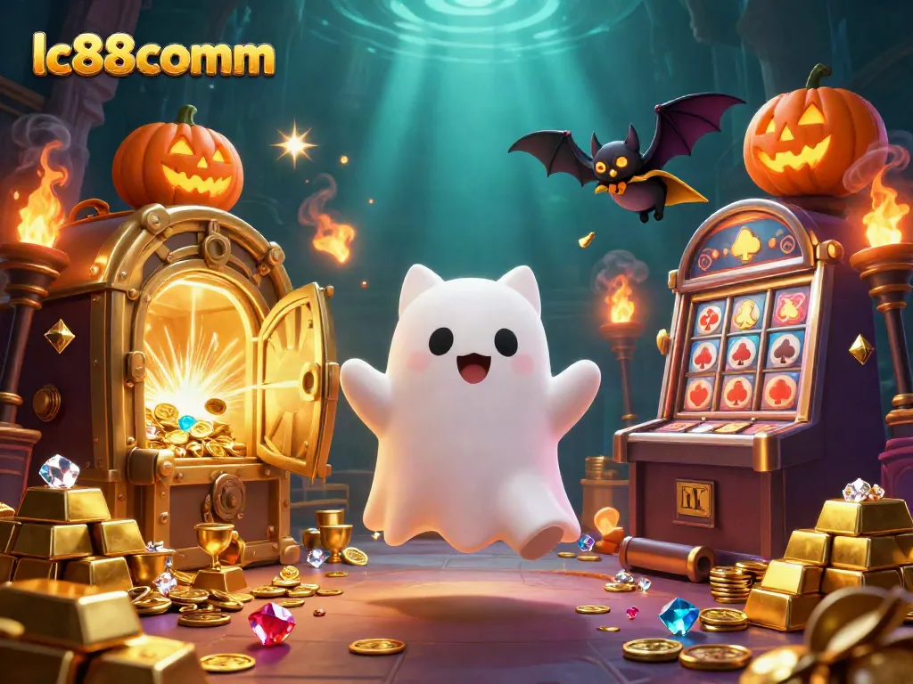 Engage in thrilling adventures at lc88comm with a ghost cat and vampire bat amidst glittering casino treasures.