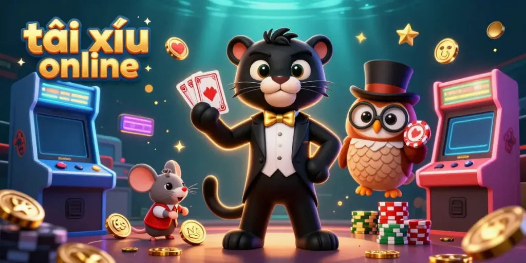 Engaging scene showcasing a stylish panther dealing cards in the world of tài xỉu online, with vibrant game elements.