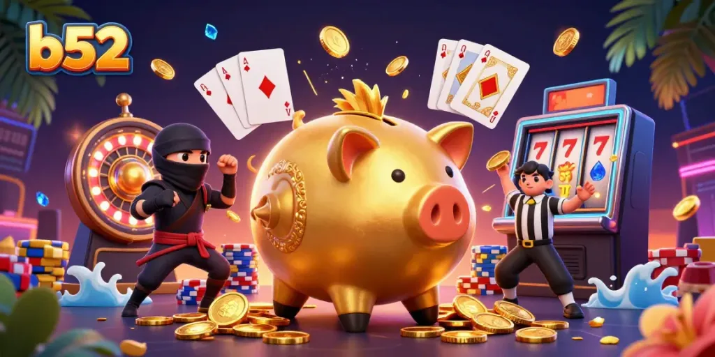 Enjoy b52-themed gaming excitement with vibrant 3D characters and casino elements.