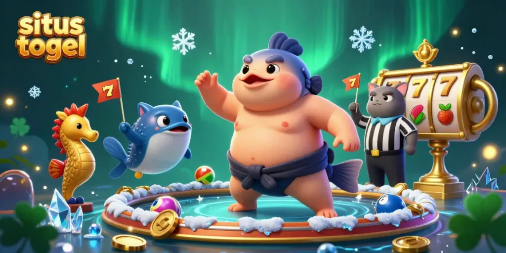 Engaging scene depicting situs togel action with a fugu in a wrestling ring, adding energy and excitement.