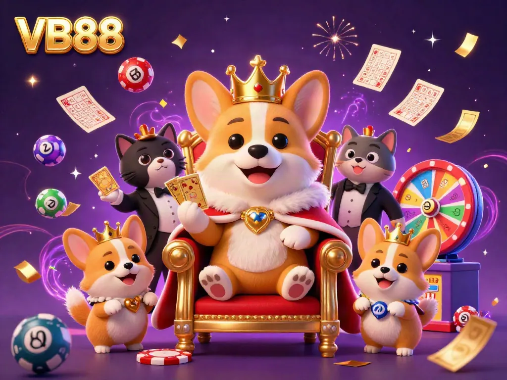 Experience the vibrant gaming world with VB88 featuring a royal corgi amidst lottery elements.