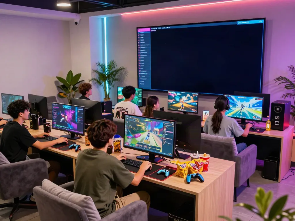 Friends enjoying games at HITCLUB in a vibrant gaming lounge with neon lighting.