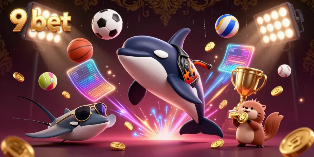 Play thrilling games at 9 bet with a dynamic 3D illustration displaying sports and winning elements.