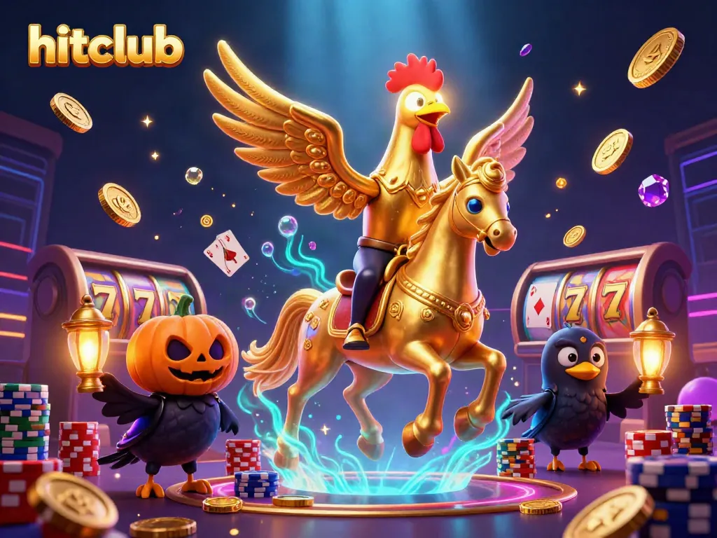 Engage with hitclub in an enchanting casino scene featuring a golden rooster and glowing elements.