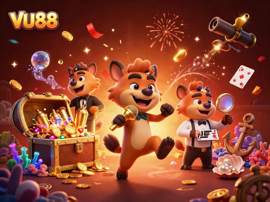 Experience excitement at VU88 with a lively comedy casino scene featuring hyenas and festive treasures.