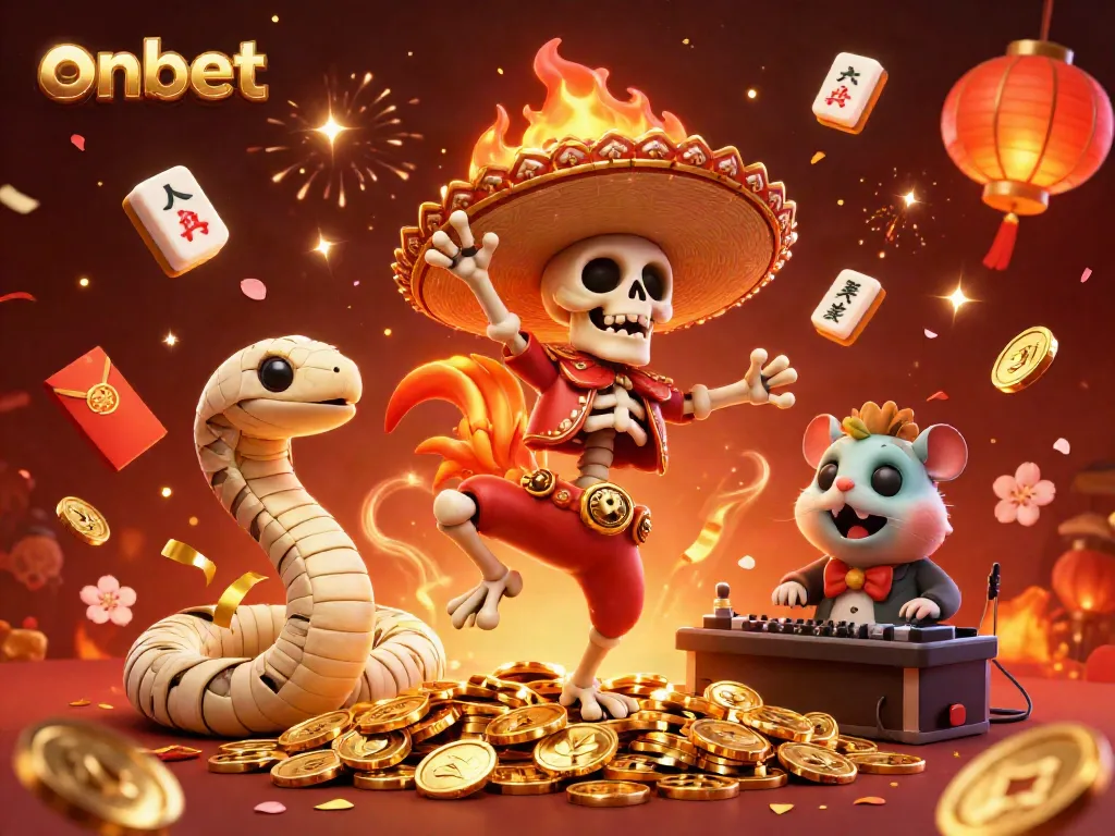Experience the excitement at onbet with a lively scene featuring animated mariachi and festive elements in a bright casino setting.