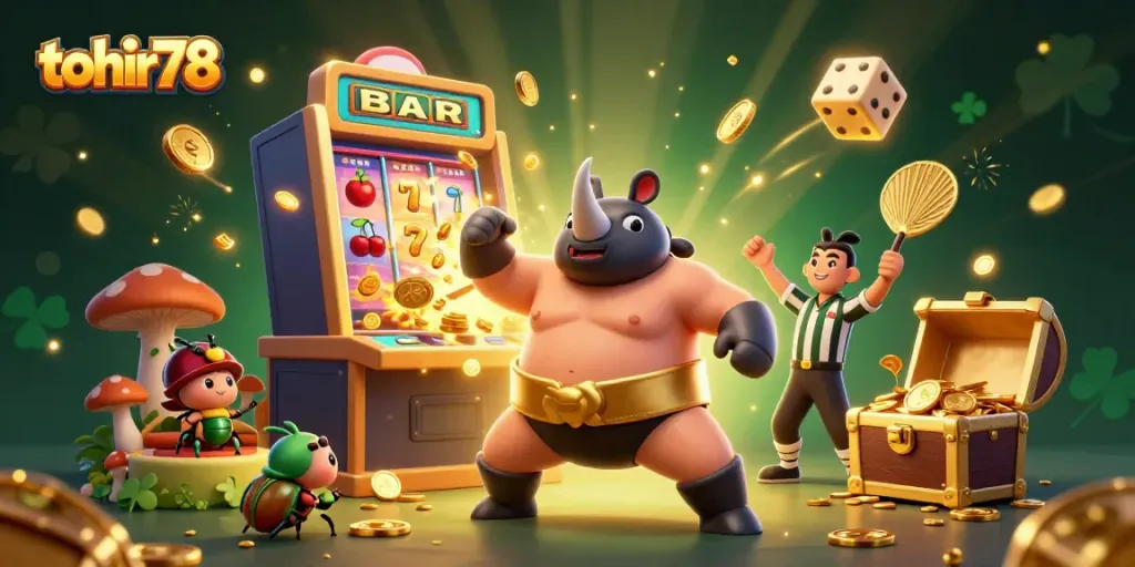 Experience thrilling wins with tohir78's colorful slot gaming scene featuring dynamic characters and rich symbolism.