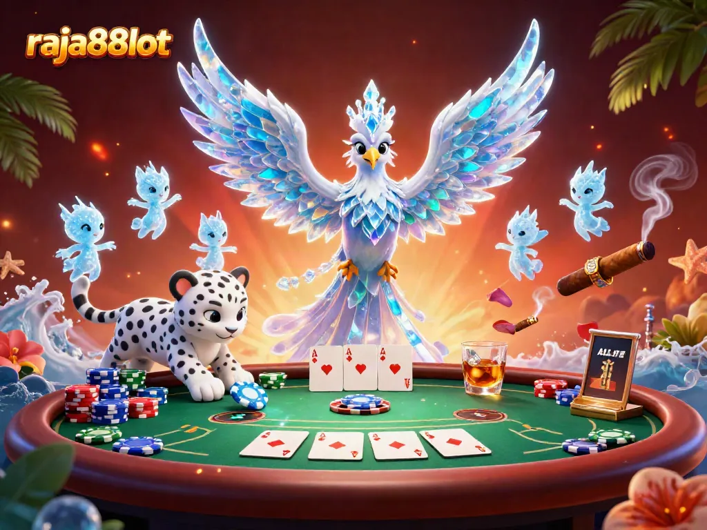 Engage with raja88slot's vibrant gaming world featuring an ice phoenix, snow leopard, and dynamic poker elements.