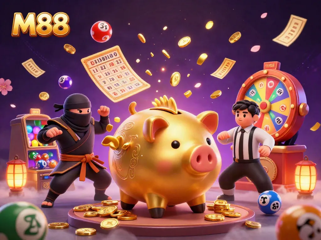 M88 casino scene featuring a golden piggy bank sumo wrestler surrounded by colorful lottery elements and magical effects.