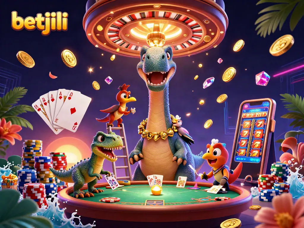 Experience thrilling moments at Betjili as a brontosaurus surveys a lively poker table scene.
