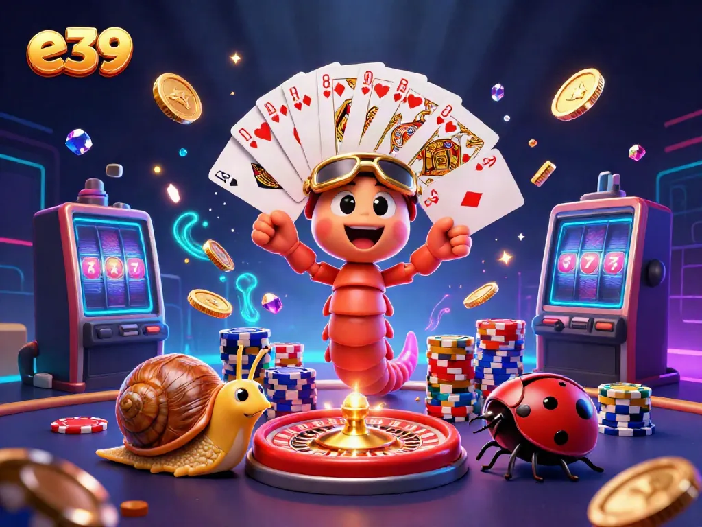 Engage in exciting e39 casino gaming with a vibrant millipede dealer and high-roller snail amidst golden coins.