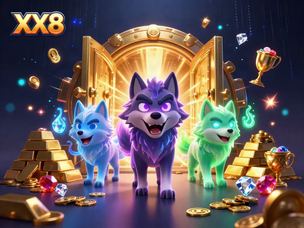 Win big at XX8 with a dynamic scene showcasing shimmering treasures and mystical wolves.