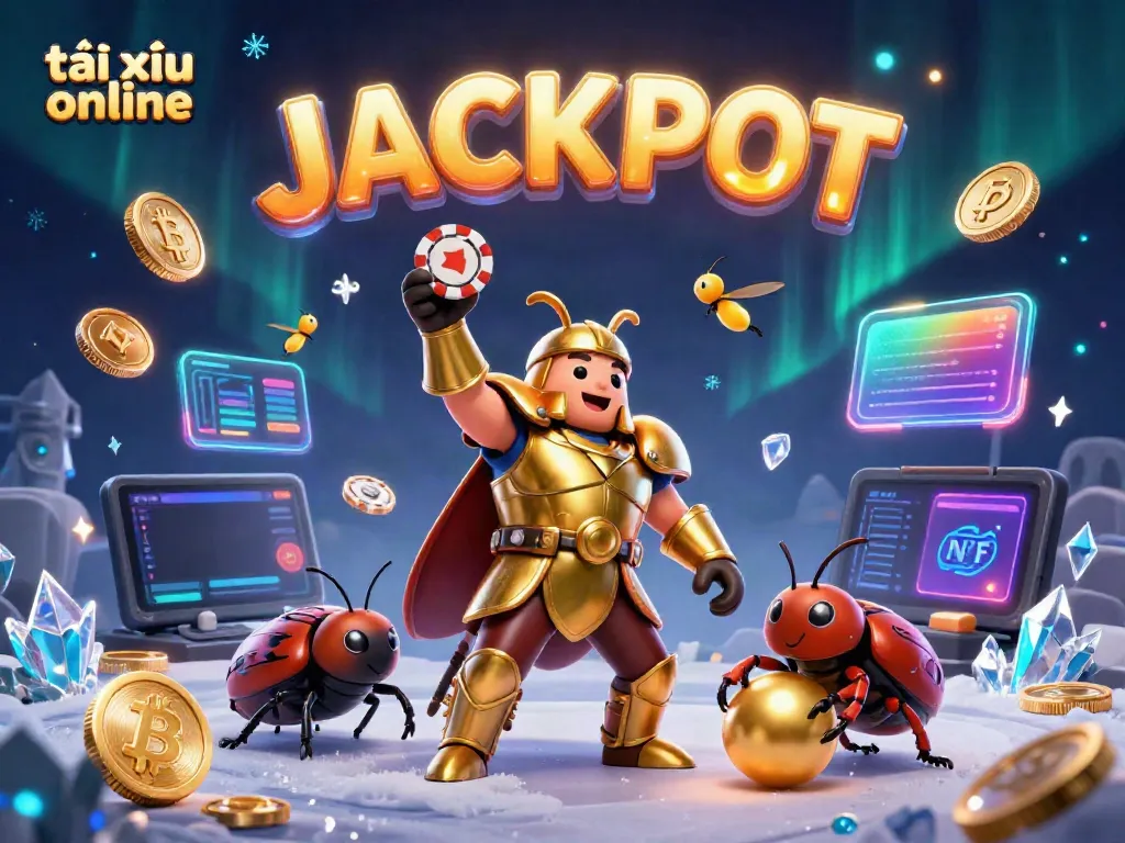 Experience thrilling tài xỉu online with a victorious hercules beetle and glowing casino elements.