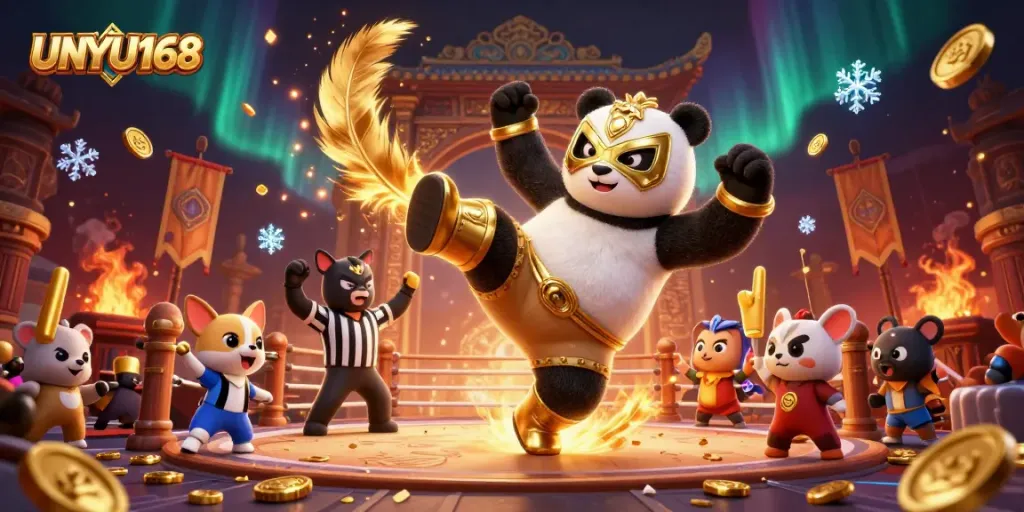 UNYU168 menghibur pemain dengan karakter panda pegulat terbang dan suasana meriah penuh koin emas.