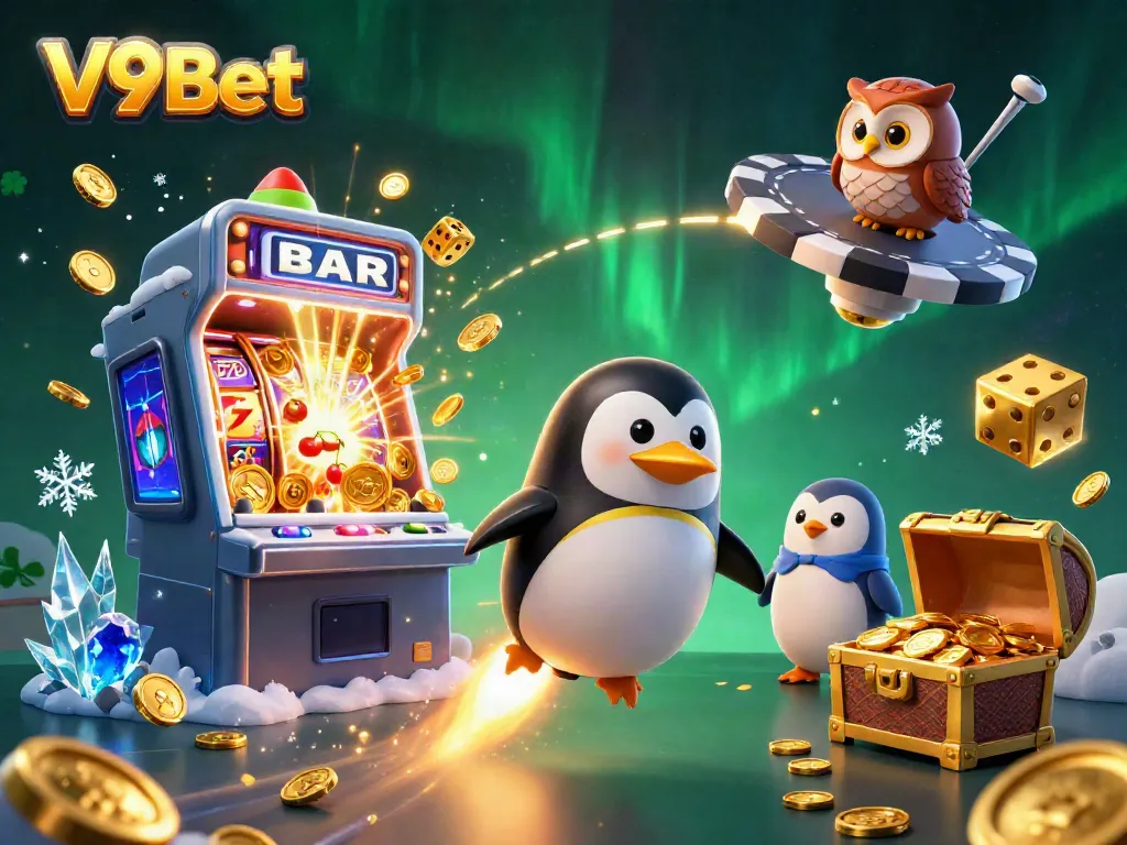 V9Bet penguin spaceship navigates casino-themed space filled with coins and jackpots