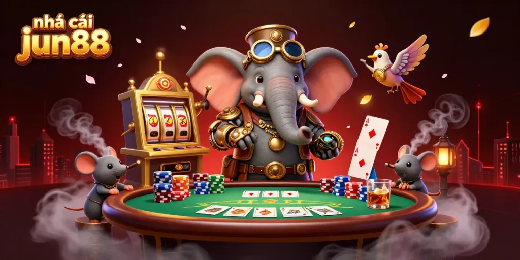 Experience thrilling gaming at nhà cái jun88 with a steampunk elephant at a vibrant casino!