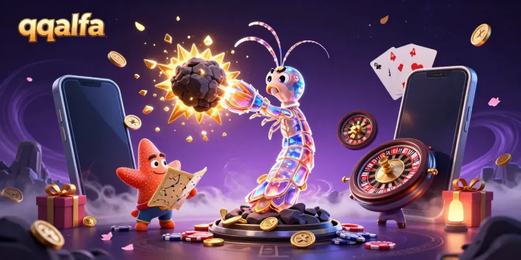 Menangkan jackpot dengan qqalfa dalam ilustrasi 3D warna-warni dari mesin slot dan karakter menarik.