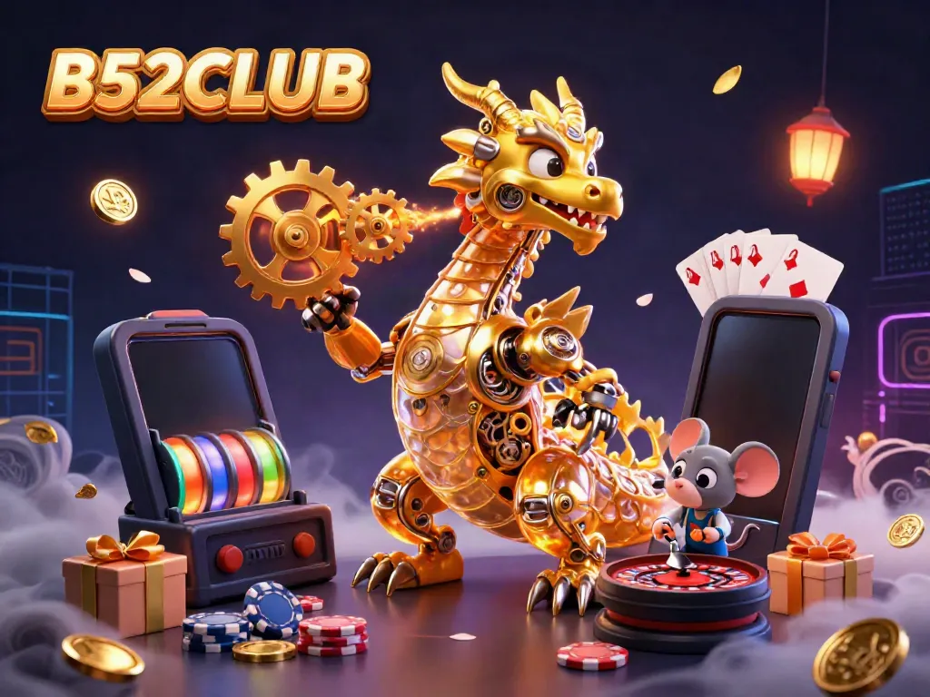 B52CLUB showcases a golden dragon in a vibrant casino scene with dynamic slot games and golden coins.