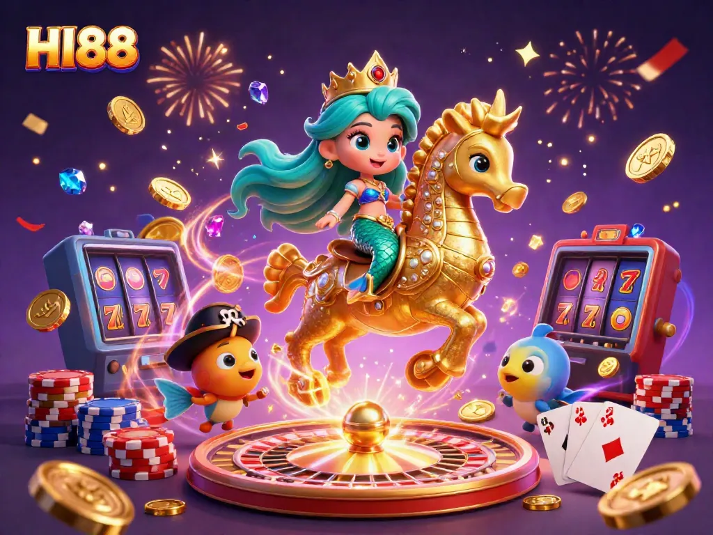 Captivating HI88 online casino adventure with a mermaid and seahorse amidst golden treasures and gaming elements