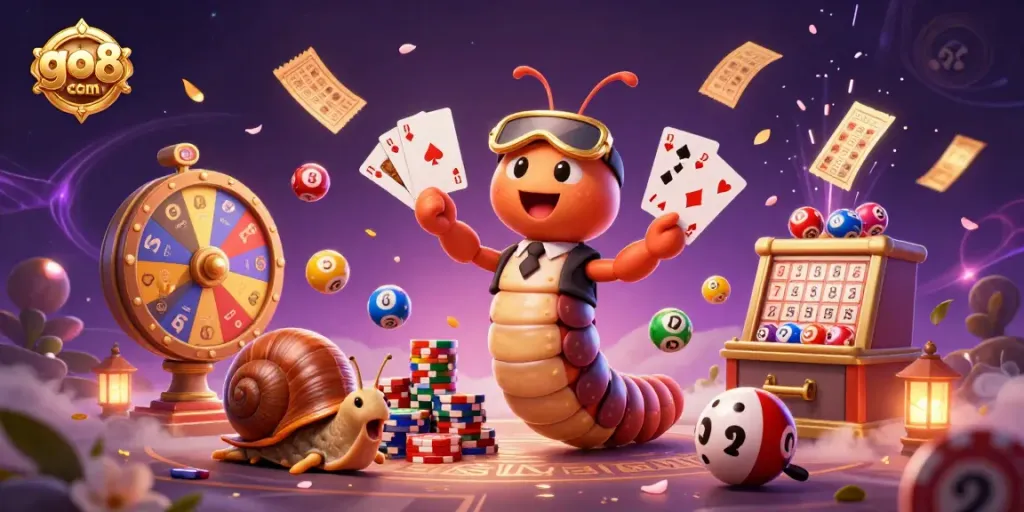 Experience go8 com with a vibrant scene of whimsical characters dealing cards, surrounded by colorful casino elements.