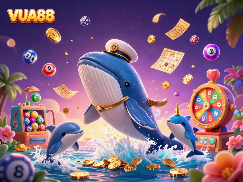 VUA88 captures thrilling moments with a 3D whale, playful dolphins, and vibrant lottery elements.