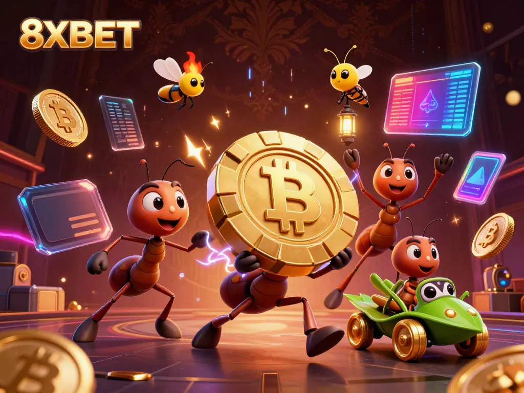 Ants carrying a giant poker chip in an energetic heist scene depicting the 8XBET gaming experience.