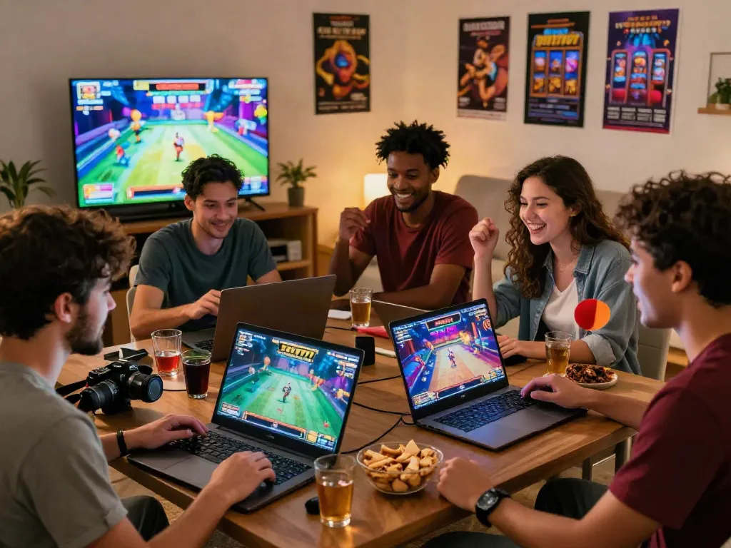 Friends enjoying a lively slot777 gaming session on a laptop in a cozy living room.