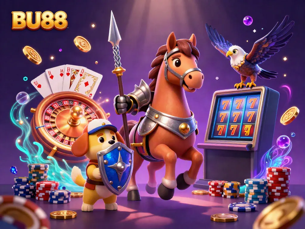 Play exciting games at BU88 casino with a knight, squire, and falcon surrounded by coins and cards.