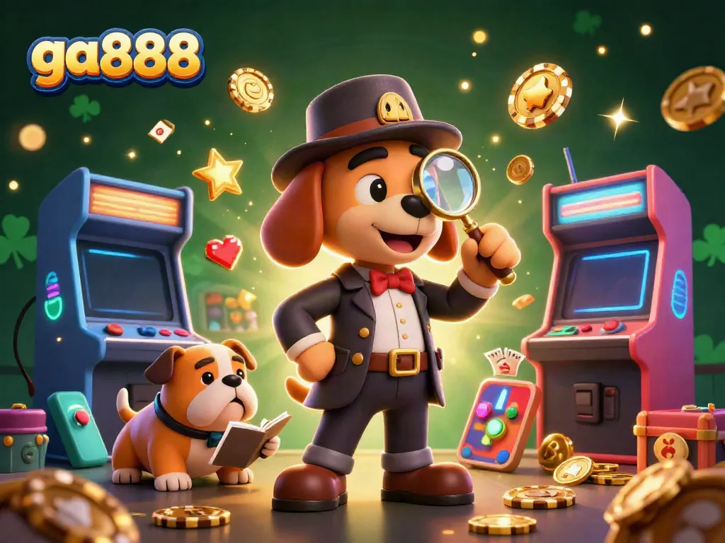 Explore thrilling games at ga888, highlighting a detective bloodhound noting clues and jackpot treasures.