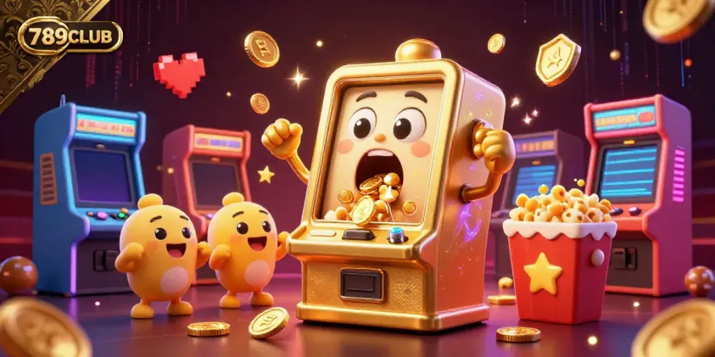 Experience the excitement of 789CLUB as a golden slot machine hits the jackpot, showering coins in a vibrant casino scene.