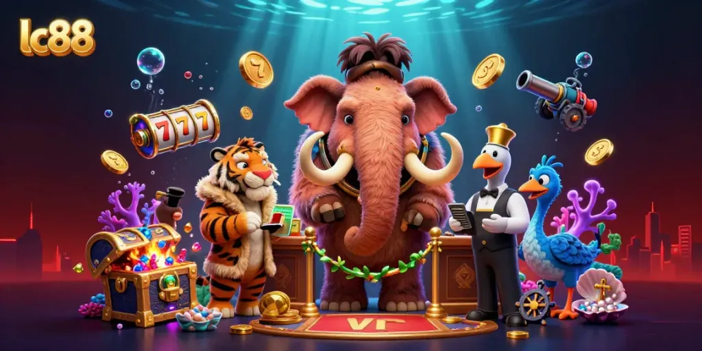 Experience vibrant casino excitement with lc88 featuring a woolly mammoth bouncer and casino elements.