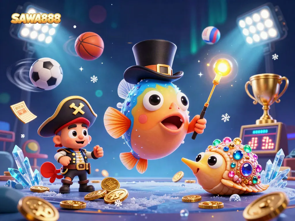 SAWA888 showcases a vibrant deep-sea casino scene with characters and dynamic sports elements.