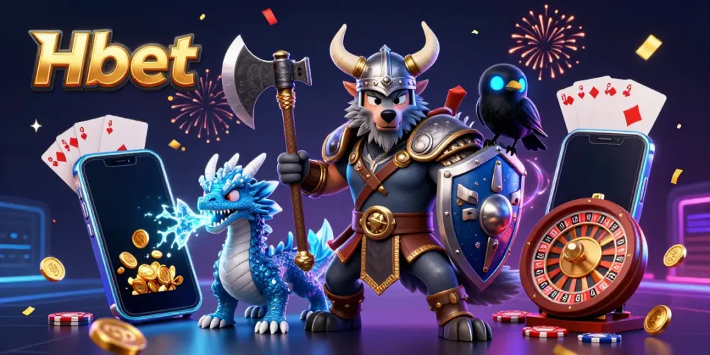 Bet and play on Hbet with a Viking wolf warrior and exciting casino elements in a dynamic 3D illustration.