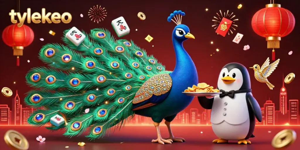 Watch the vibrant tylekeo scene featuring a peacock, a butler penguin, and a hummingbird in a casino-themed celebration.