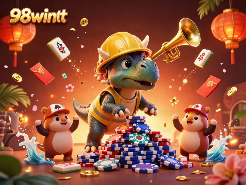 Engage with 98wintt's thrilling casino experience, as triceratops builds poker chips amidst festive elements.