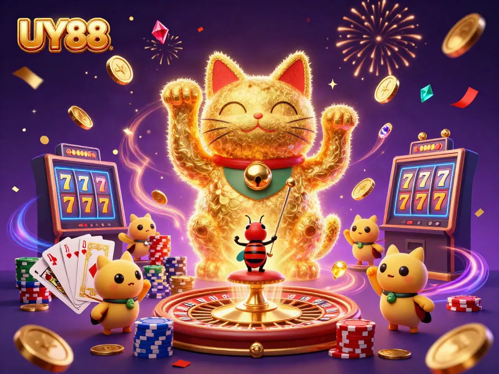 Experience vibrant wins with UY88's dynamic gaming universe illustrated in a colorful casino scene.