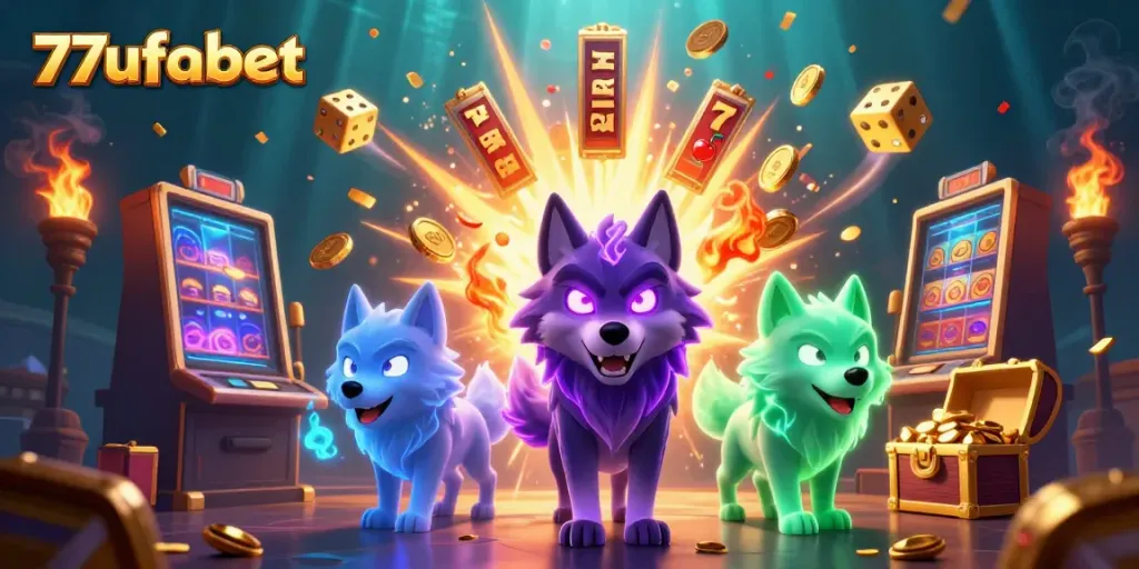 Experience thrilling jackpots with 77ufabet in a dynamic casino scene featuring vibrant gaming elements.