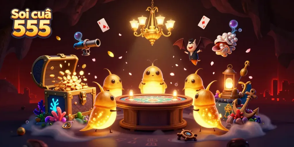 Experience Soi cầu 555 in an exciting casino scene with glowworms and treasure.